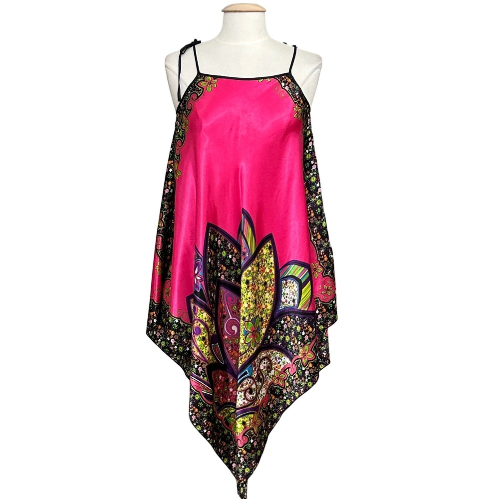 Boho Festival Y2K Women Dress M Pink Floral Paisley Sarin Handkerchief Whimsical